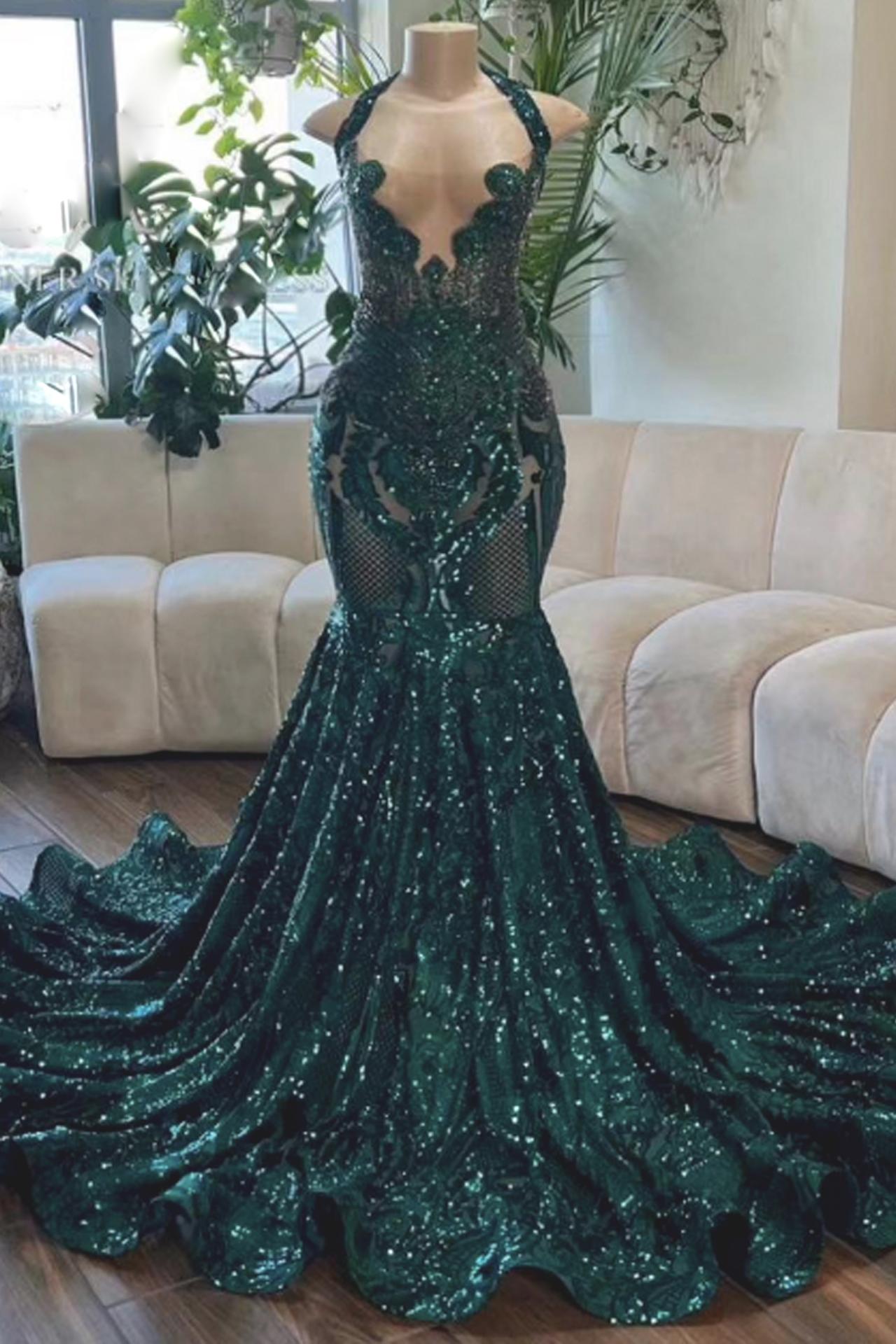 navy blue dress for baby girl Green V Neck Backless Mermaid Satin Prom Dresses, Open Back Mermaid Gr –  jbydress