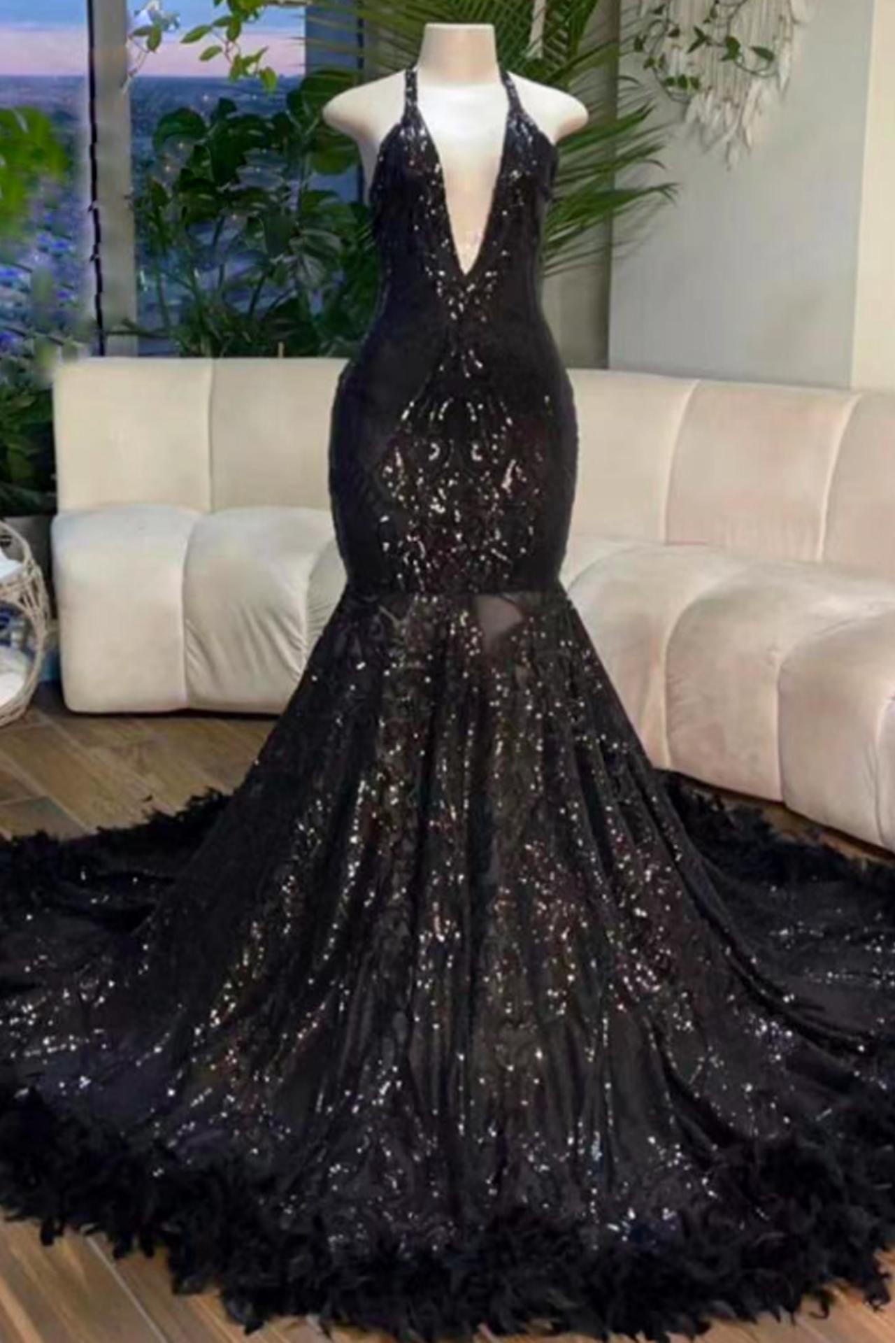 Black Halter Prom Dresses, Sequin Applique Prom Dresses, Modest Evening Dress, Sparkly Prom Dresses, Luxury Birthday Party Dresses, Vestidos De