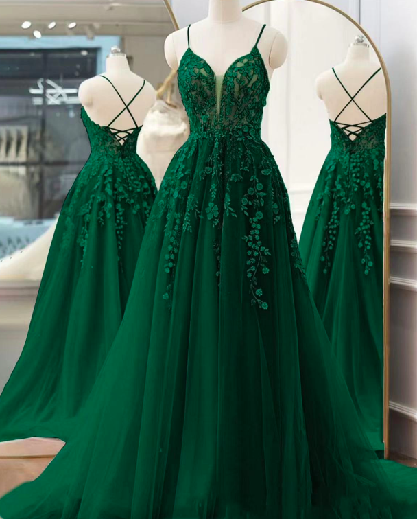 Emerald Green Prom Dresses, Lace Applique Prom Dresses, Spaghetti Straps Prom Dresses, Vestidos De Gala, A Line Prom Dresses, Senior Formal