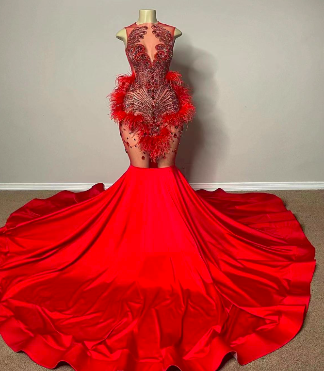 Red Diamonds Prom Dresses, Rhinestones Luxury Birthday Party Dresses, Feather Prom Dresses, Mermaid Evening Dress, Fashion Formal Gowns, Sexy