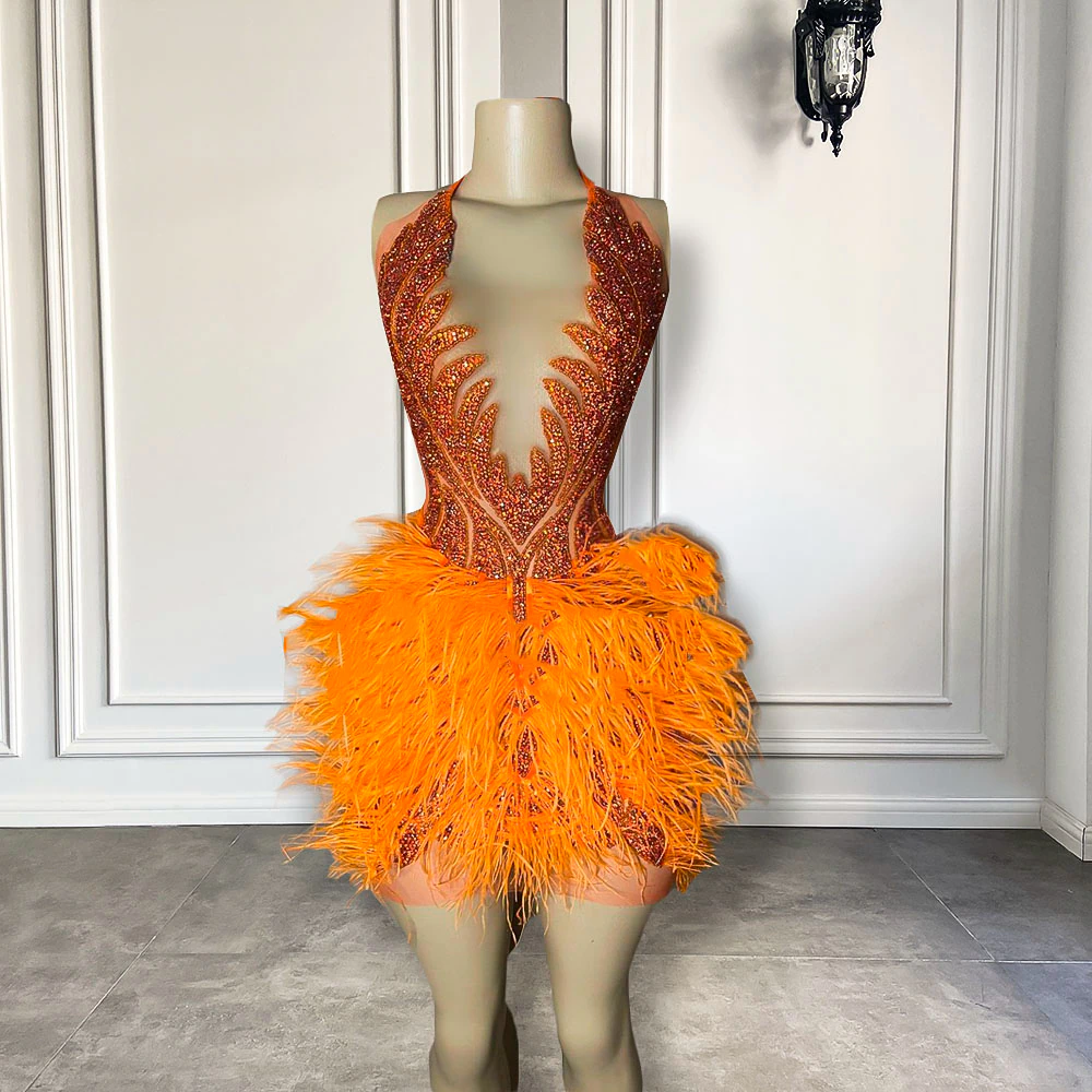 Orange Fashion Prom Dresses For Black Girls, Feather Prom Dresses, Luxury Birthday Party Dresses, Mini Length Prom Gown, Beaded Evening Dresses,