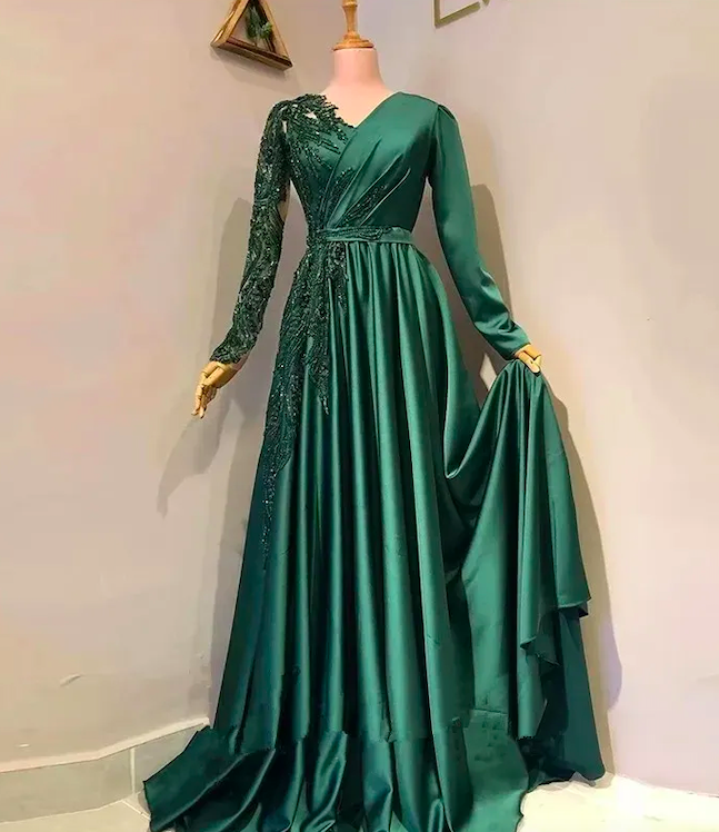 Arabic Prom Dresses, Long Sleeve Prom Dresses, Emerald Green Prom Dresses, Vestidos De Fiesta, Muslim Prom Dresses, A Line Prom Dresses, Formal