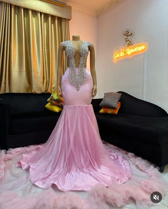 Pink Prom Dresses, Luxury Evening Dresses, Rhinestones Fashion Party Dresses, Beaded Prom Dresses, Mermaid Formal Wear, Custom Prom Dresses,
