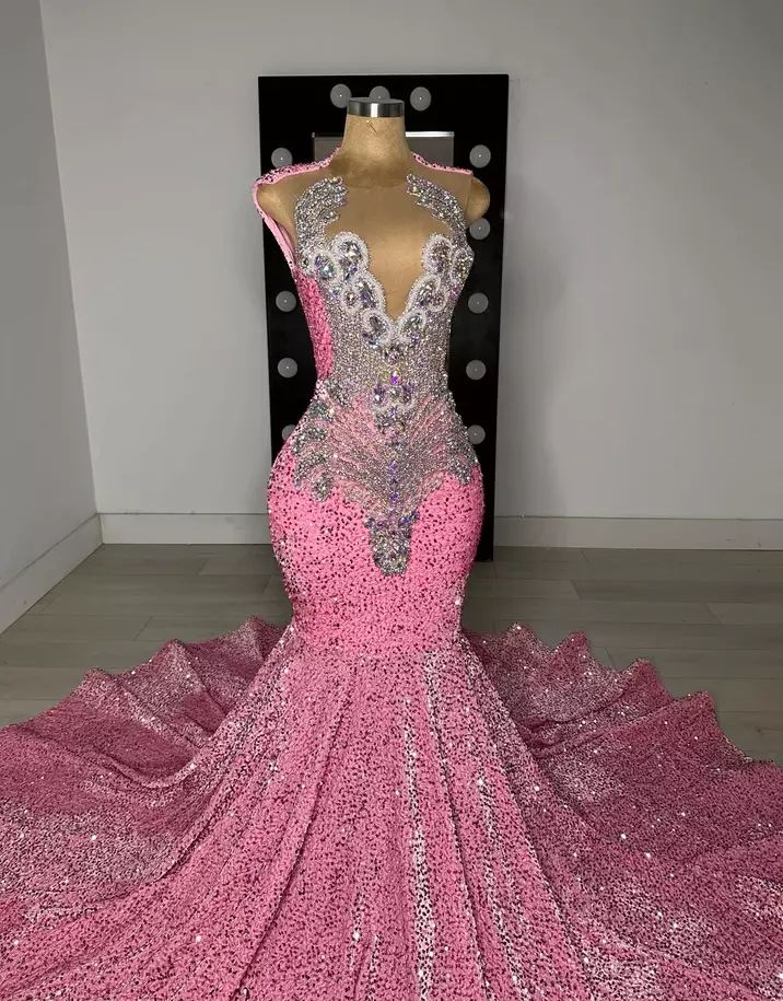 Luxury Prom Dresses, Crystals Rhinestones Prom Dresses, Diamonds Shinny Prom Dresses, Pink Evening Dresses, Vestidos De Fiesta, Black Girl