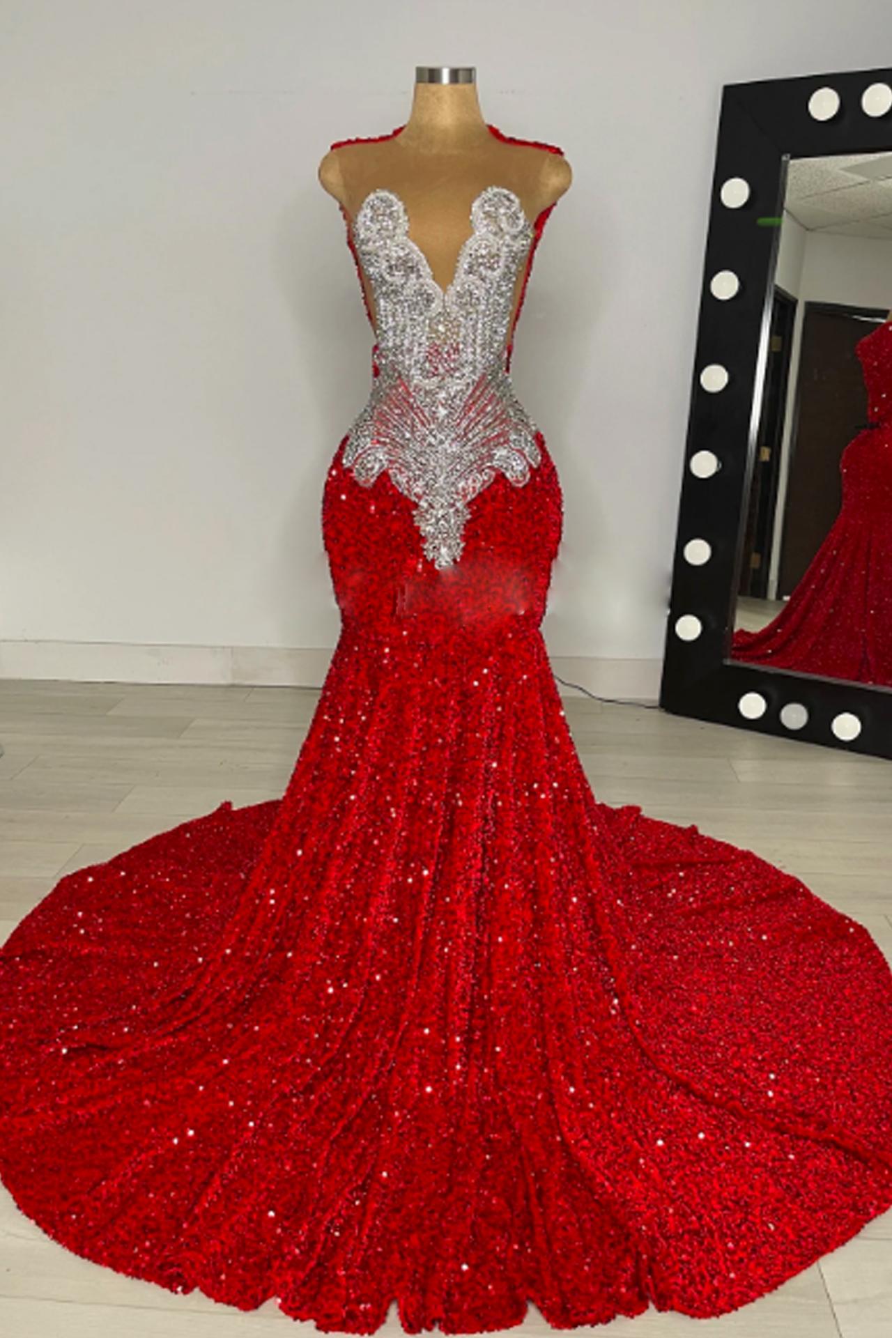 Modest Prom Dresses, Red Sequins Prom Dresses, Diamonds Fashion Party Dresses, Sparkly Evening Gown For Women, Black Girls Prom Dresses, Robes De