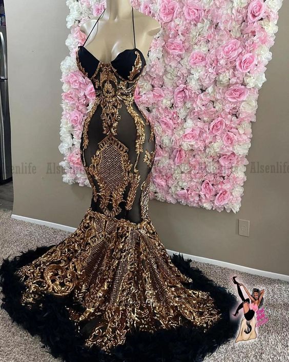 Black And Gold Prom Dresses, Spaghetti Straps Prom Dress, Evening Wear For Women, Feather Prom Dresses, Formal Occasion Dresses, Sexy Formal