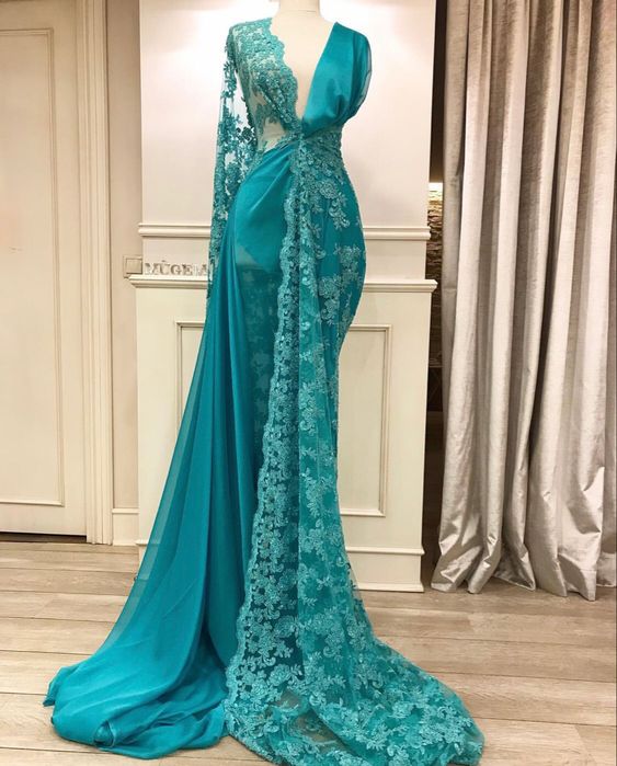Muslim Prom Dresses, Lace Applique Prom Dresses, Turquoise Blue Prom Dresses, Dubai Fashion Party Dresses, Robes De Bal, V Neck Evening Dresses,