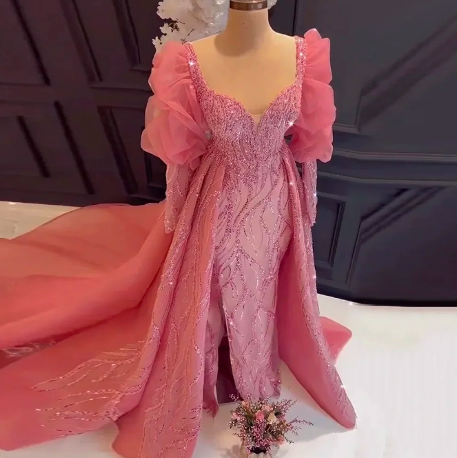 Arabic Prom Dresses, Detachable Train Prom Dresses, Puffy Sleeve Prom Dresses, Beaded Applique Evening Dresses, Rose Pink Prom Gown, Muslim Prom
