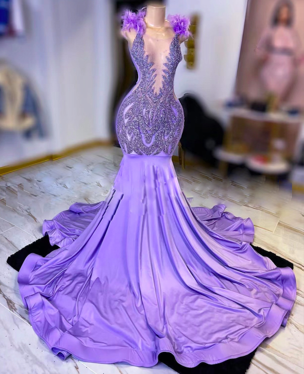 Purple Prom Dresses, Crystals Beaded Prom Dresses, Feather Prom Dresses, Mermaid Evening Dresses, Vestidos De Fiesta, Luxury Birthday Party