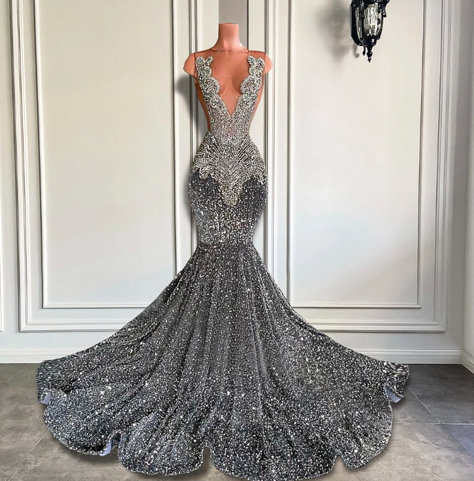Gray Rhinestones Prom Dresses, Luxury Diamonds Prom Dresses, Vestidos De Fiesta, Elegant Prom Dresses, Custom Prom Dresses, Evening Gown For