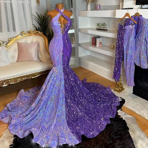 Two Tones Purple Prom Dresses, Sparkly Applique Prom Dresses, Halter Prom Dresses, Mermaid Evening Dresses, Luxury Birthday Party Dresses, Robes