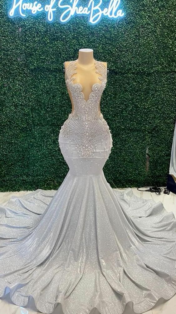 elegant rhinestone dresses White Satin Rhinestone Strapless Mermaid Elegant Formal Dresses, CP0988 main image 0