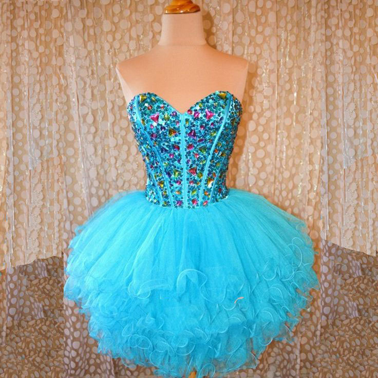 Sparking Rhinestone Cocktail Dresses, Ruffle Tulle Prom Dresses, Short Homecoming Dresses, Blue Party Dresses, Crystal Graduation Dresses,