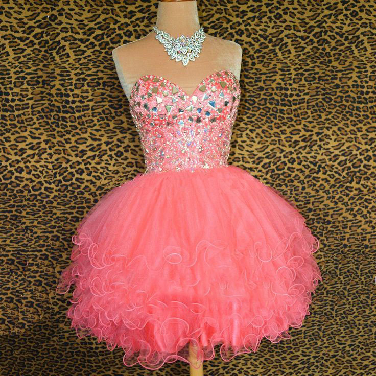 Pink Cocktail Dresses, Crystal Homecoming Dresses, Shinning Sparking Graduation Dresses, Ruffle Tulle Short Prom Dress, Rhinestone Ball Gown