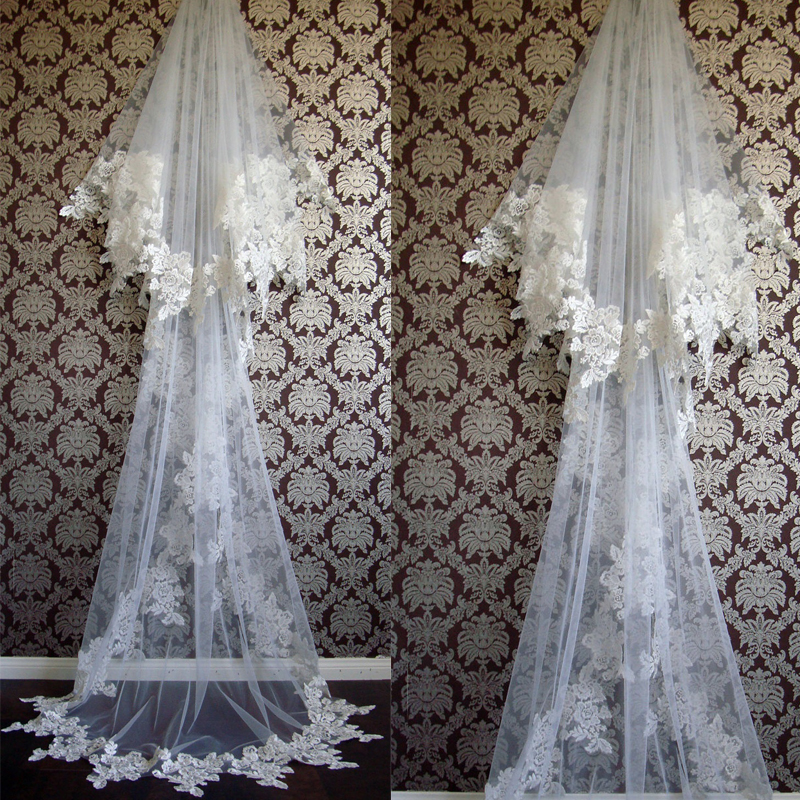 Two Layers Wedding Veils, Lace Edge Bridal Veils, Appliques Wedding Veils, Court Length Wedding Veils, Tulle Wedding Veils, Wedding Veils