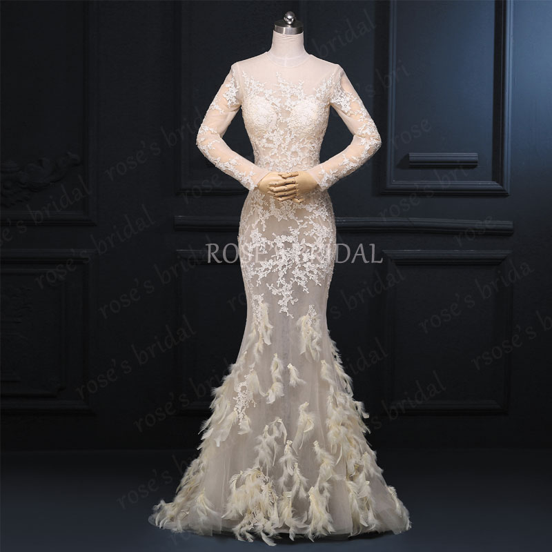 Champagne Evening Dress, Mermaid Evening Dress With Feather, Long Sleeve Evening Gown, Sexy Evening Dress, Long Prom Dresses, Sheer Formal Dresses, Evening Dress 2016, Real Dress