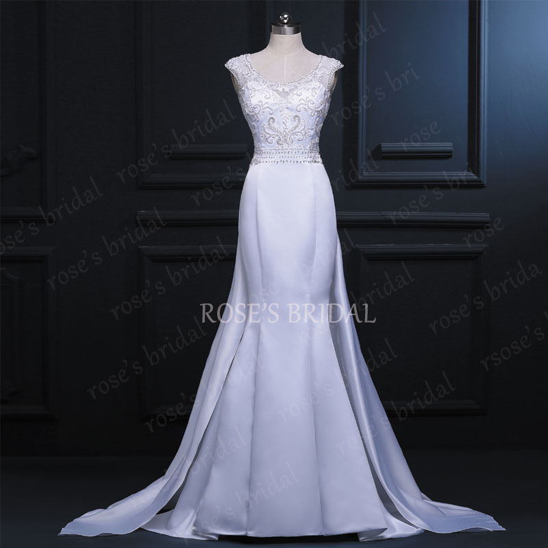 Satin Wedding Dress, Mermaid Wedding Dresses, Detachable Wedding Dress, Bridal Dresses, White Wedding Dress With Removable Chiffon Skirt, Cap