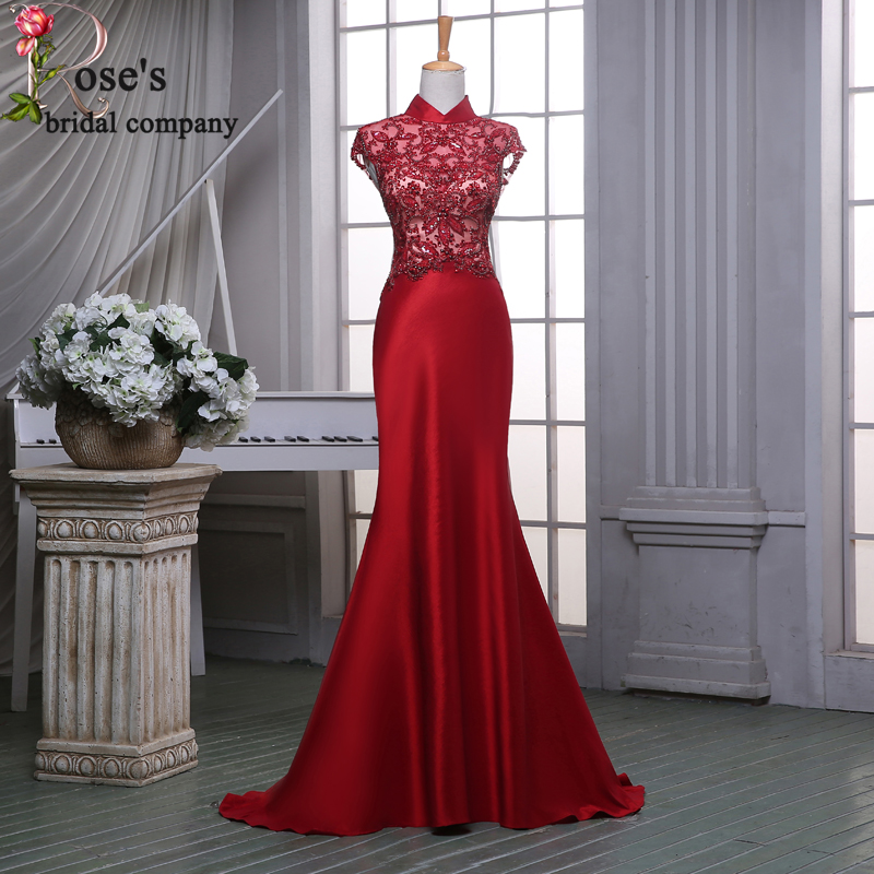 High Neck Vintage Red Lace Evening Dress, Long Evening Dress, Cap