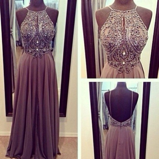 grey chiffon sparkly beaded prom dress