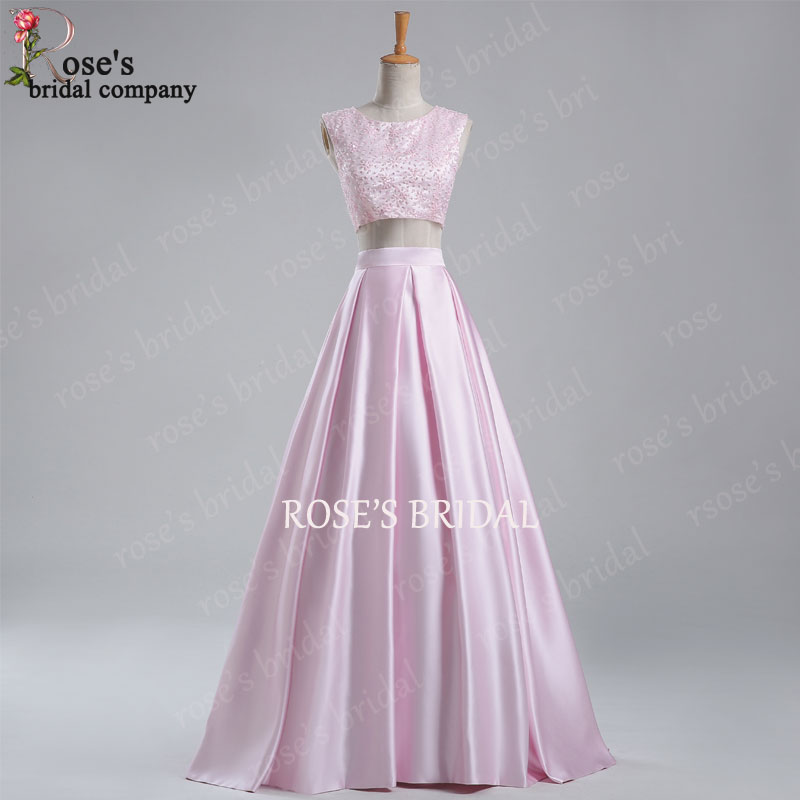 Pink Two Piece Prom Dresses, Beaded Prom Dress, Satin Prom Dress, 2 Piece Prom Dresses, A Line Prom Dress, Long Prom Dress, Elegant Prom Dress,