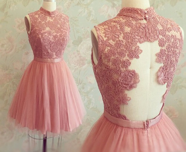 Pink Homecoming Dress, Lace Applique Homecoming Dress, Tulle Homecoming Dress, Short Homecoming Dress, A Line Homecoming Dress, Homecoming