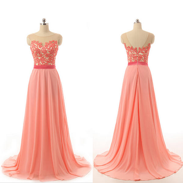 Coral Prom Dress, Lace Prom Dress, Chiffon Prom Dress, Long Prom Dress, Cheap Prom Dress, Elegant Prom Dress, 2016 Prom Dresses, Real Photos Prom Dress, Custom Prom Dress 