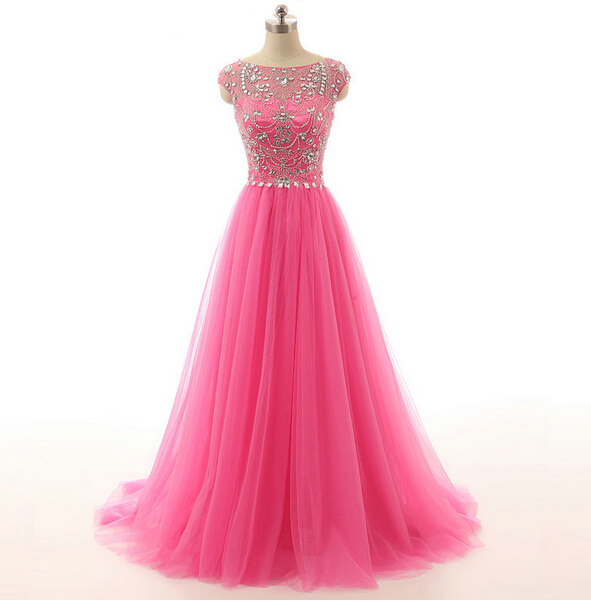 Cap Sleeve Prom Dress, Pink Prom Dress, Beaded Prom Dress, A Line Prom Dress, Tulle Prom Dress, Long Prom Dress, Gorgeous Prom Dress, Cheap Prom Dress, Formal Party Dress
