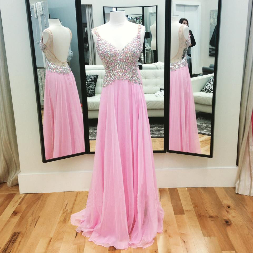 Spaghetti Strap Prom Dress, Pink Prom Dress, V Neck Prom Dresses, Elegant Prom Dress, Rhinestones Prom Dress, Floor Length Prom Dress, Chiffon