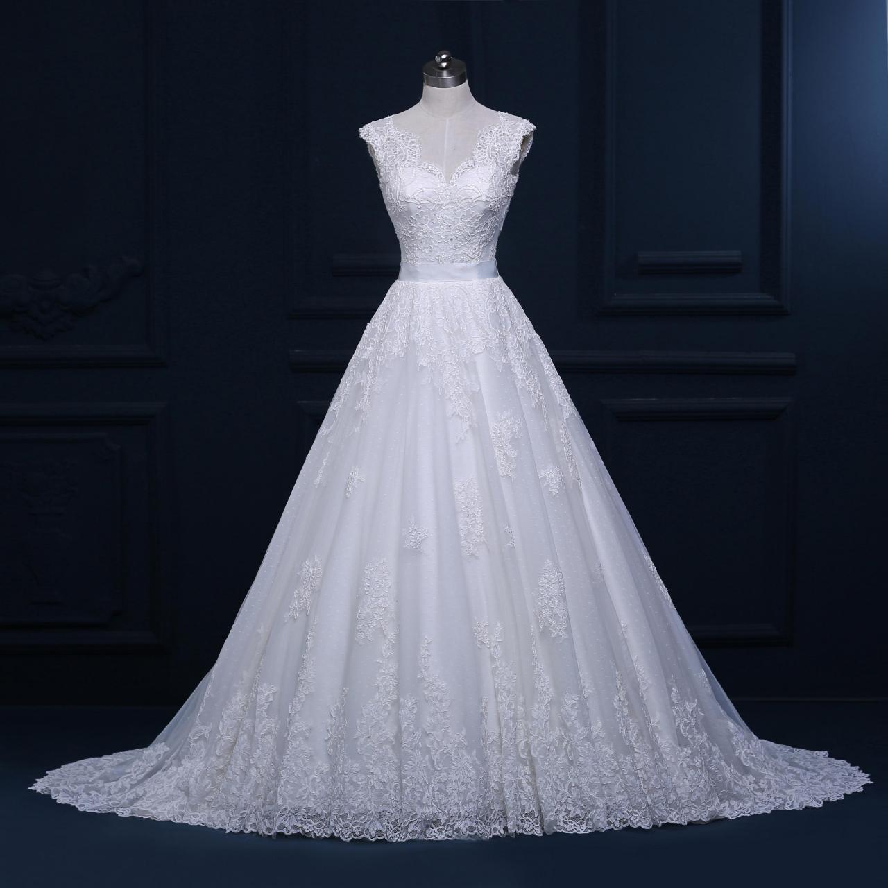 Lace Wedding Dress, 2016 Wedding Dresses, Wedding Ball Gown, Chapel Train Wedding Dress, Wedding Gown, V Neck Wedding Dress, White Wedding