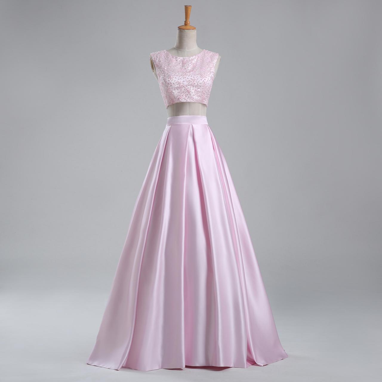 Pink Beaded Prom Dress, 2 Piece Prom Dresses, Satin Prom Dress, Elegant Prom Dress, Prom Dress, 2016 Prom Dresses, Simple Prom Dress, Vestido De