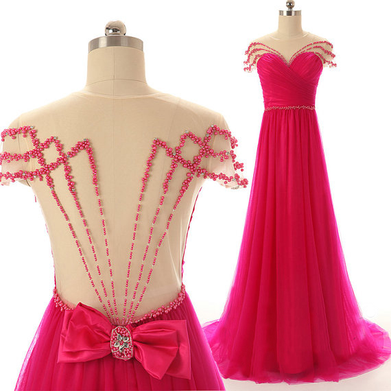 Fuchsia Prom Dress, Peals Prom Dress, Long Prom Dress, Chiffon Prom Dress, Elegant Prom Dress, Cap Sleeve Prom Dress, See Through Prom Dress, A