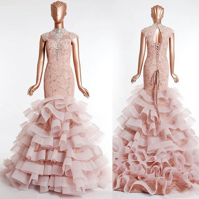 Pink Lace Evening Dress, Tiered Evening Dress, Rhinestones Mermaid Evening Dress, Cap Sleeve Evening Dress, Gorgeous Evening Dress, Elegant