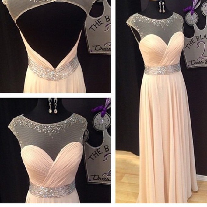 Real Photo Prom Dresses, Peal Pink Prom Dresses, Chiffon Prom Dresses, Beaded Prom Gowns, Elegant Prom Dress, Sheer Crew Prom Gown, Custom Made Prom Dresses