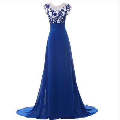 Royal Blue Prom Dress, Lace Applique Prom Dress, A Line Prom Dress, Chiffon Prom Dress, Elegant Prom Dress, Cap Sleeve Prom Dress, 2016 Prom
