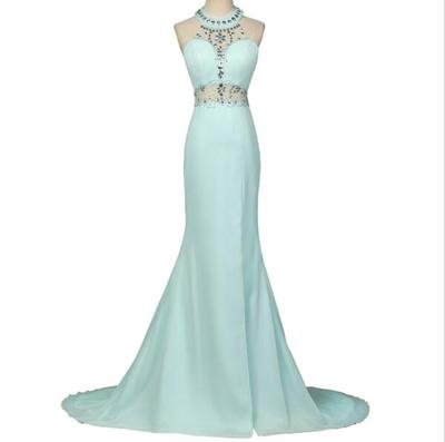 Two Piece Prom Dresses, Tiffany Blue Prom Dresses, Chiffon Prom Dresses, Long Prom Dresses, Rhinestones Prom Dresses, Elegant Prom Dresses, High