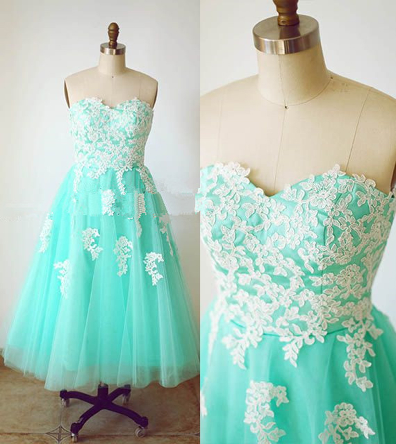 Lace Applique Prom Dress, Mint Green Prom Dress, Tulle Prom Dress, Ankle Length Prom Dress, Prom Gowns, Simple Prom Dresses, Robes De Cocktail,