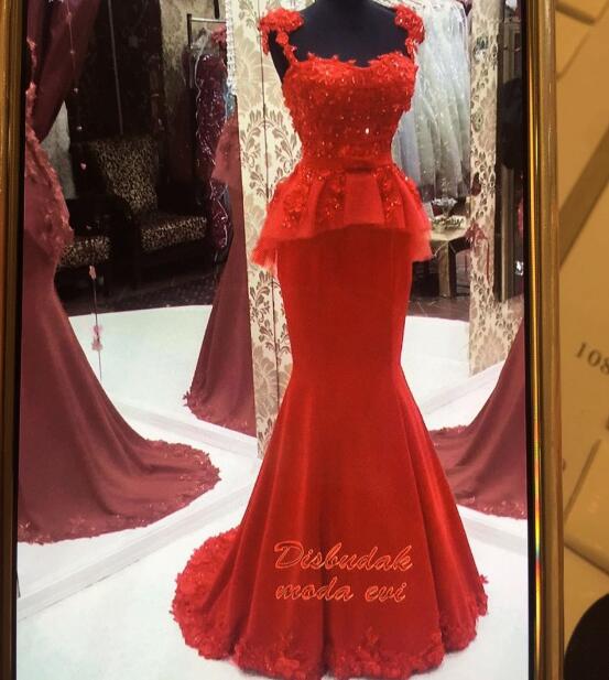 Mermaid Evening Dress, Red Evening Dress, Handmade Flower Evening Dress, Long Evening Dress, Mother Of The Bride Dresses, Lace Evening Dress