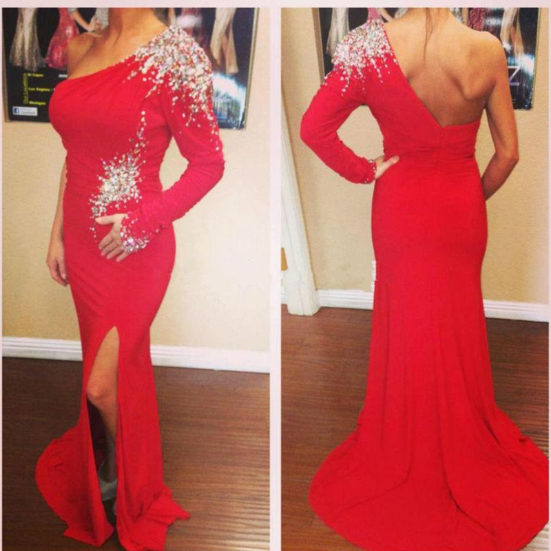 red one shoulder evening gown