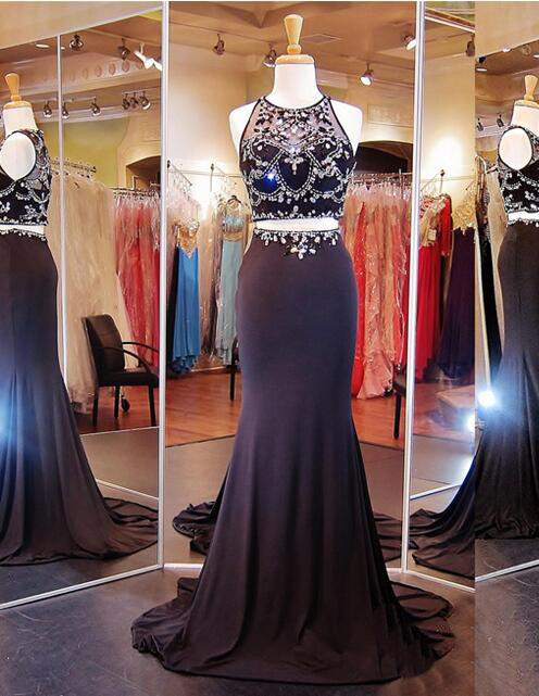 Black Prom Dress, Mermaid Prom Dress, Two Piece Prom Dress, Elegant Prom Dress, Sexy Prom Dress, Sheer Back Prom Dress, Rhinestone Prom Dress,