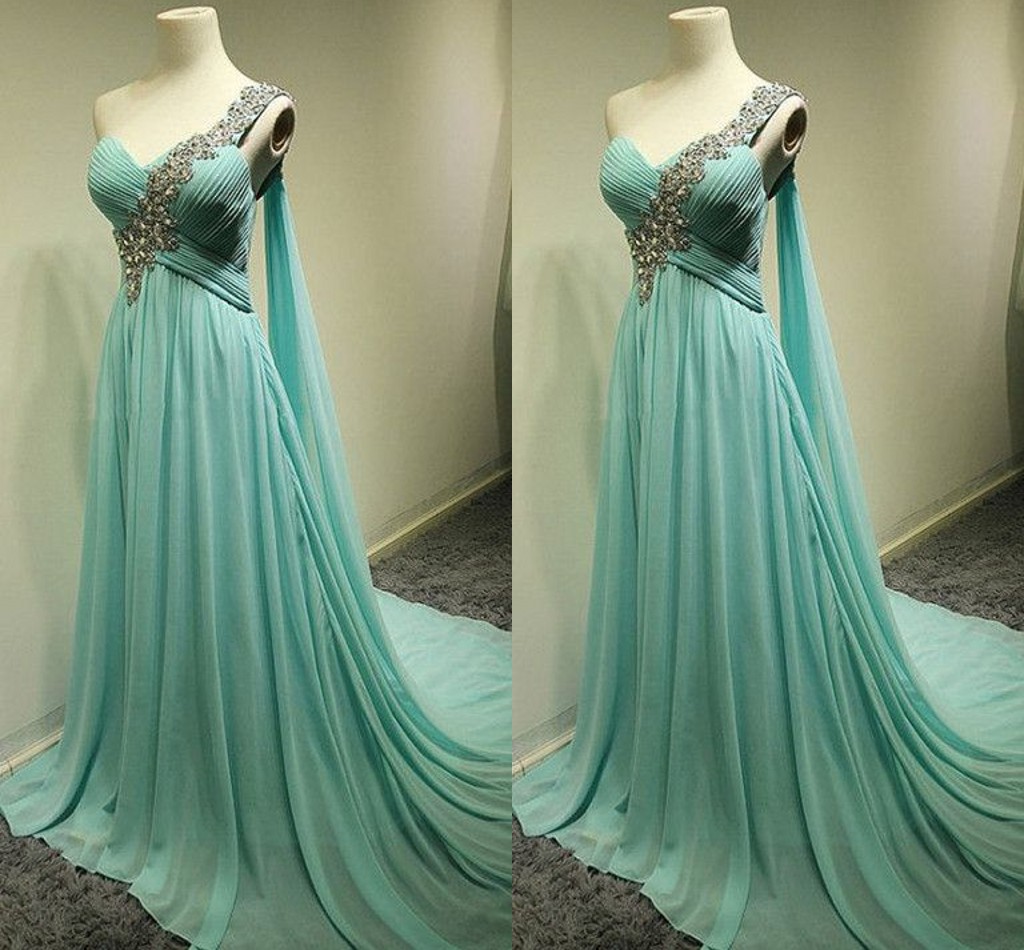 Turquoise Blue Prom Dress, One Shoulder Prom Dress, Beading Prom Dress, Long Prom Dress, Elegant Prom Dress, Chiffon Prom Dress, A Line Prom