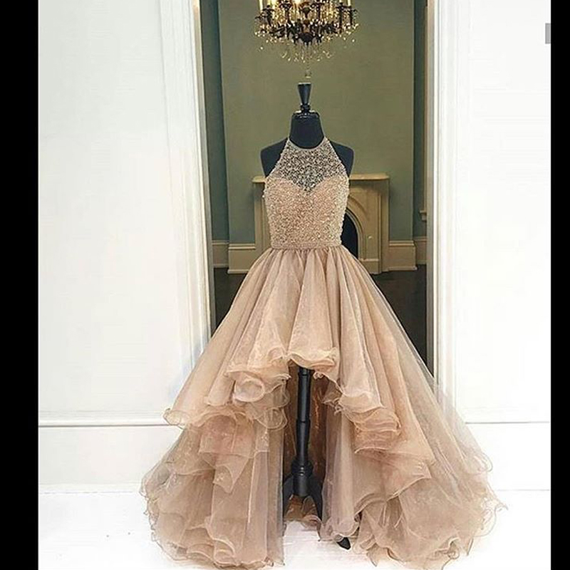 High Low Prom Dresses, Beaded Prom Dresses, Champagne Prom Dresses, O Neck Prom Dresses, Sexy Prom Dresses, A Line Prom Dresses, Prom Dresses