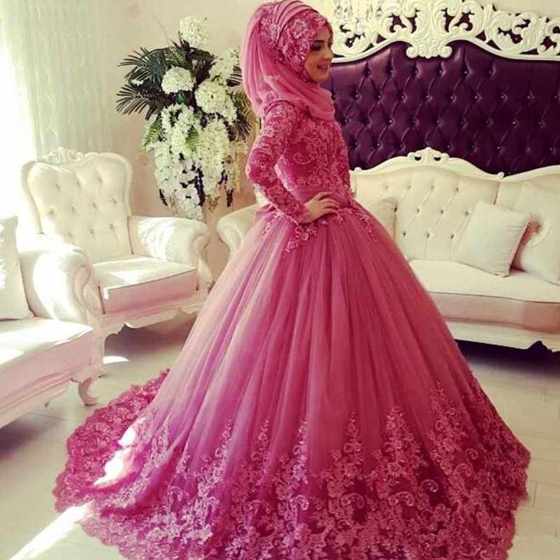 Pink Wedding Dress, Saudi Arabic Wedding Ball Gown, Lace Applique ...