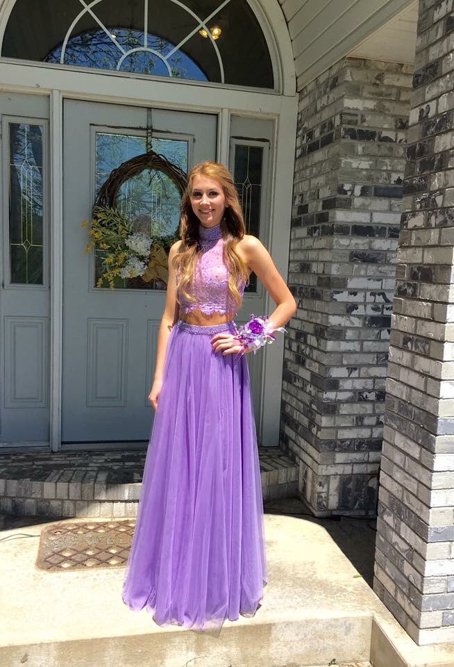 purple two piece prom dress
