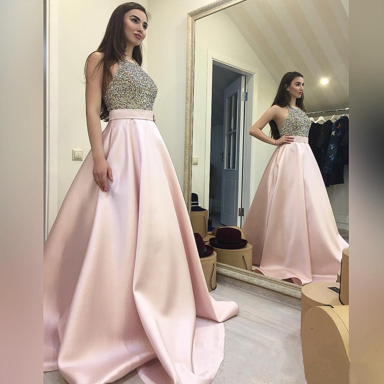 Rinestone Satin Prom Formal Dresses