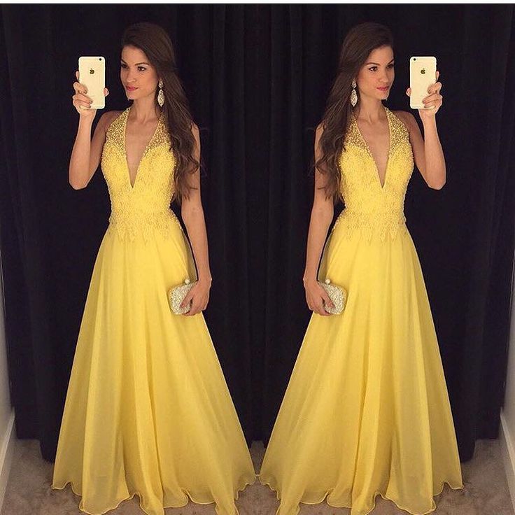 yellow halter prom dress