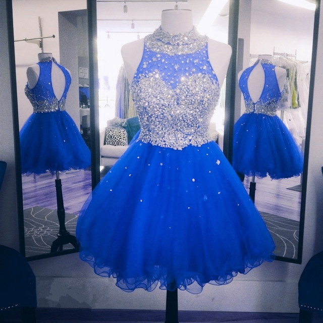 Royal Blue Homecoming Dress, Short Homecoming Dress, High Neck Homecoming Dress, Sparkly Homecoming Dress, Cocktail Party Dresses, Rhinestones