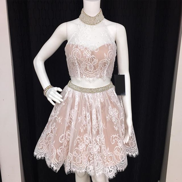 2 Piece Prom Dresses, Short Homecoming Dress, Lace Homecoming Dress, Champagne Homecoming Dress, High Neck Homecoming Dress, 2023 Prom Dresses,