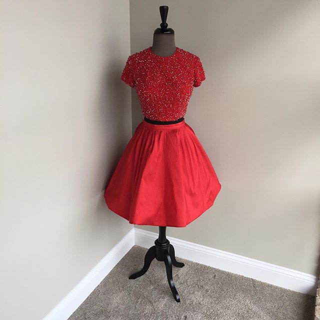 2 Piece Prom Dresses, Short Prom Dress, Beaded Prom Dress, Short Sleeve Prom Dress, Vintage Prom Dress, Homecoming Dresses 2017, Red Homecoming