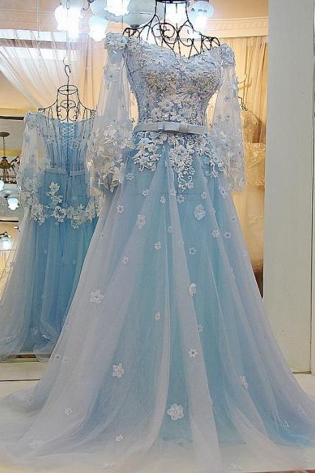 Tulle Prom Dress, Blue Prom Dress, Floral Prom Dress, Lace Applique Prom Dress, 2022 Prom Dresses, Prom Dresses 2023, Floor Length Prom Dress,