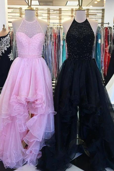 Pink Prom Dress, High Low Prom Dress, Beaded Prom Dress, Halter Prom Dress, Organza Prom Dress, A Line Prom Dress, Prom Ball Gown, Elegant Prom